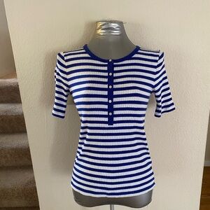 J. Crew Womens Blue/White Striped Ribbed Button Up Henley T-Shirt Sz. XS